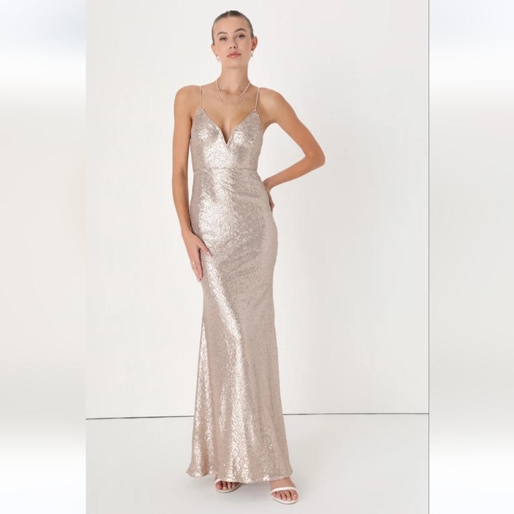 LuLus Spectacular Moment Rose Gold Mermaid Dress